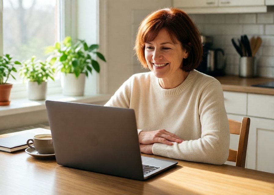 Une copropriétaire souriante suit la formation en ligne depuis sa cuisine